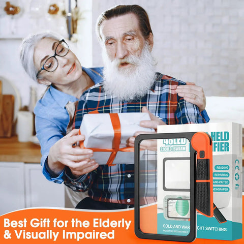 Big Full Page Magnifier With Light 7.3x4.4 Inch Lens, 48 LED Cold And Warm Illumination in packaging, ideal for seniors.