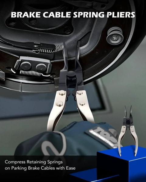 Pro Grade 15 Piece Drum And Disc Brake Tool Kit With Brake Spring Pliers Caliper Brushes And Drum Brake Spring Tool All In One Shop Ready Set For Bolt Removal And Brake Adjustment Fits VW Seat Skoda And More, features brake spring pliers in use on a brake system.