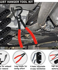 Universal Exhaust Hanger Removal Tool And 4 Holes Rubber Kit with red handled pliers and rubber hangers under car.