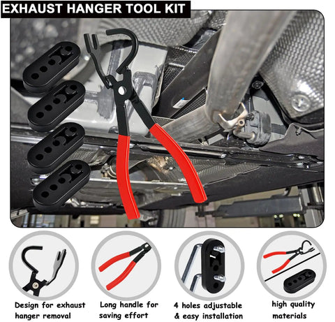 Universal Exhaust Hanger Removal Tool And 4 Holes Rubber Kit with red handled pliers and rubber hangers under car.