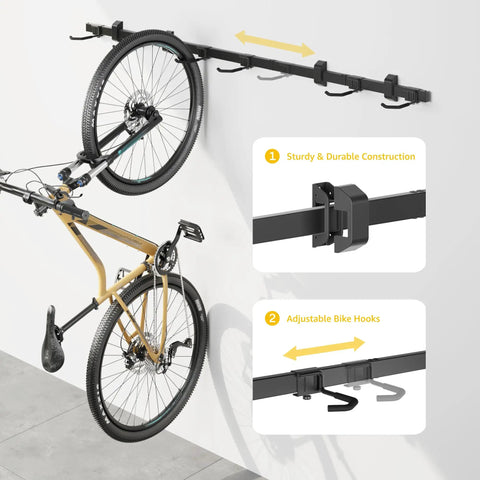 Heavy Duty Wall Mounted Bike Rack With Six Adjustable Hangers On A 78.5 Inch Rail Ultra Strong Steel Garage Storage Solution