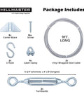 Image showing components of Anti Sag Gate Kit For Wooden Fence Outdoor Gate Hardware With Stainless Steel Cable Wire Rope 7x7 Braided And Zinc Coated Rust Resistance No Sag Gate Repair Kit For Gate Frame Heavy Duty 2 Pack including vinyl wrapped steel cable, corner brace, screws, S hook, cable clamp, and turnbuckle.