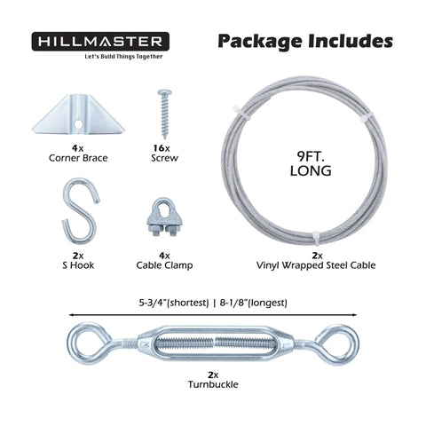 Image showing components of Anti Sag Gate Kit For Wooden Fence Outdoor Gate Hardware With Stainless Steel Cable Wire Rope 7x7 Braided And Zinc Coated Rust Resistance No Sag Gate Repair Kit For Gate Frame Heavy Duty 2 Pack including vinyl wrapped steel cable, corner brace, screws, S hook, cable clamp, and turnbuckle.