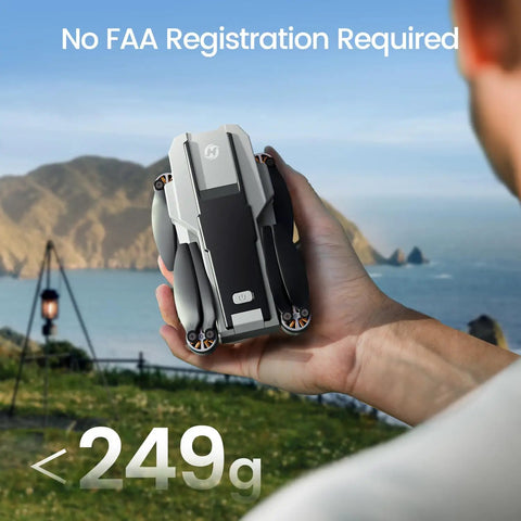Person holding Go-To Pocket Sized Drone With 4K Camera Under 250g For Beginners, FPV RC Quadcopter, foldable design, outdoors.
