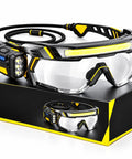 Kickass Rechargeable LED Safety Glasses With Hands Free Work Goggles delivering four flexible light modes, shown with USB charging cable.