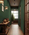 Hallway with dark green walls, wooden shelves, and terracotta vases, featuring modern lighting and large windows with natural light.