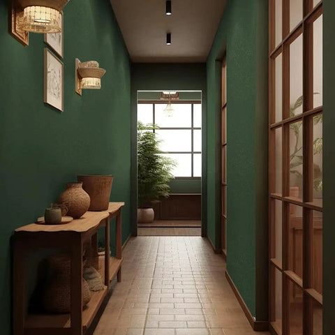Hallway with dark green walls, wooden shelves, and terracotta vases, featuring modern lighting and large windows with natural light.