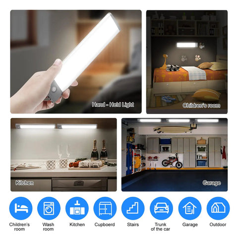 Slim USB Rechargeable 30 LED Under Cabinet Lights 2 Pack Motion Activated Night Lights in kitchen and garage settings