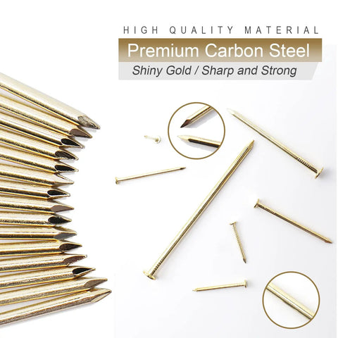900 Piece Brass Plated Finishing Nails 3 4 Inch By 17 Gauge Flat Head Carbon Steel Fasteners on a white background.