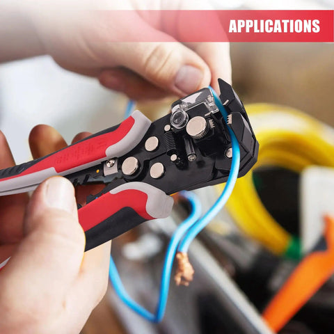 Person using Self Adjusting Wire Strippers 3 In 1 Stripper Cutter Crimp Tool For 10 To 24 AWG Heavy Duty Automatic Wire Stripping Tool