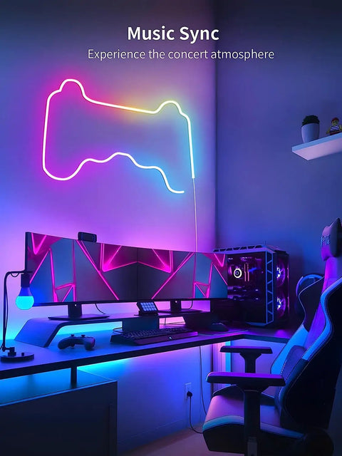 RGB IC Neon Rope Light 20Ft With App And Remote Control in gaming room setup, multi mode color changing LED rope light on wall.