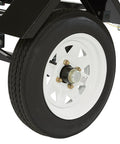 Close-up of wheel on Built Tough Steel Utility Trailer Kit 40x48 Inches For Hauling Gear, 1200 Lb GVWR, sturdy steel frame
