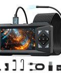 1080P Endoscope Camera With Light For Tight Spaces Pro Grade Industrial Borescope With Built In LED Illumination Clear Visuals For Engine Bays Drains And Wall Cavities Includes 32GB Card, handheld screen with cable and accessories