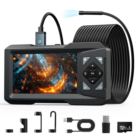 1080P Endoscope Camera With Light For Tight Spaces Pro Grade Industrial Borescope With Built In LED Illumination Clear Visuals For Engine Bays Drains And Wall Cavities Includes 32GB Card, handheld screen with cable and accessories