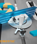 Killer Table Saw Miter Gauge System Featuring Twenty Seven Angle Stops And Beefy T Slotted Miter Bar With Removable Plate Plus Twenty Four Inch Multi Track Fence Jig Kit For Building with blue aluminum miter gauge and wooden blocks.
