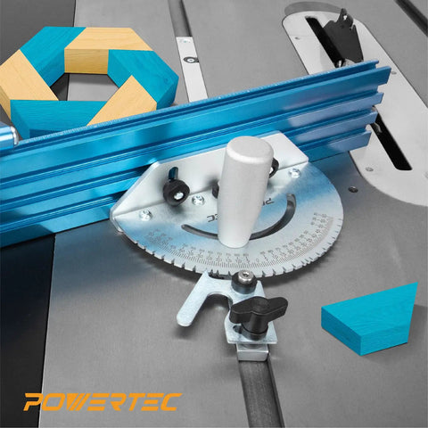 Killer Table Saw Miter Gauge System Featuring Twenty Seven Angle Stops And Beefy T Slotted Miter Bar With Removable Plate Plus Twenty Four Inch Multi Track Fence Jig Kit For Building with blue aluminum miter gauge and wooden blocks.