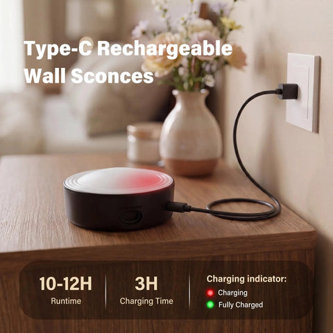 Battery Operated Wall Sconce 2 Pack, Rechargeable Wall Lights for Bedroom charging on a wooden table with decorative flowers.