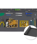 Extra Large Soldering Mat 27.6 x 15.7 Inches, 932F Heat Resistant Silicone Workbench Pad with tools and circuits.