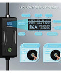 Top Shelf Portable EV Charger 3.6kW 16A Featuring Type 1 SAE J1772 And Type 2 Plugs LED display showing charger status and settings.