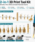 18-Piece Pro-Grade 3D Print Finishing Tool Kit with heat set insert and brass soldering iron tips for smoothing, trimming.