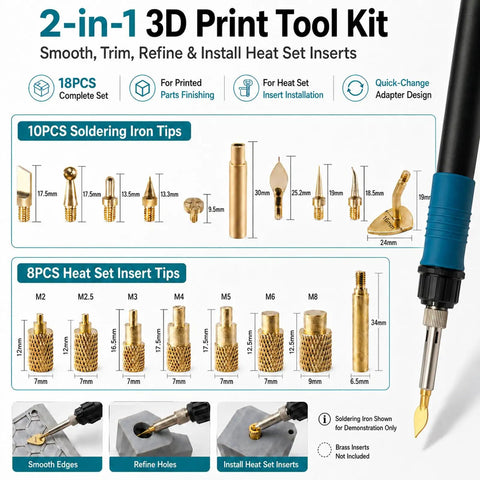 18-Piece Pro-Grade 3D Print Finishing Tool Kit with heat set insert and brass soldering iron tips for smoothing, trimming.