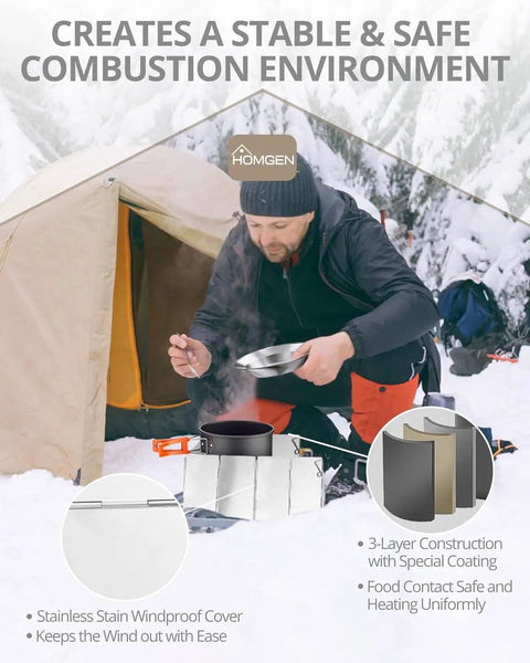 Portable Camping Cooking Set With Folding Wind Screen Lightweight Aluminum Pots And Pan in use by camper in snowy setting.