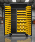 Beefy Industrial Steel Locker Cabinet With Recessed Doors And Locking Hardware For Workshop And Garage Built To Last Storage Solution With Pegboard Organization System And Extra Heavy Duty Construction, open with yellow bins