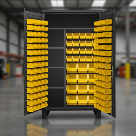 Beefy Industrial Steel Locker Cabinet With Recessed Doors And Locking Hardware For Workshop And Garage Built To Last Storage Solution With Pegboard Organization System And Extra Heavy Duty Construction, open with yellow bins