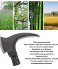 High manganese steel sickle head with rugged design, showing material features and uses for effective yard cleanup and pruning.
