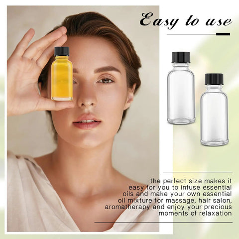 Clear Boston Round Glass Bottles With Black Screw Cap, One Oz Capacity, Complete Kit With Seventy Two Self Stick Labels, Four Precision Funnels, And Fine Liner For Slick DIY Blending, No Fuss Organization, And Totally Solid Storage Set, shown with yellow liquid in hand.