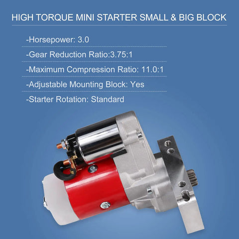 Side view of Beefy High Torque 3 HP Mini Starter With 9 Tooth Gear And 153 And 168 Tooth Flywheels For Small Block And Big Block Chevy SBC BBC Replacement Direct Fit For Auto Manual Trans V8