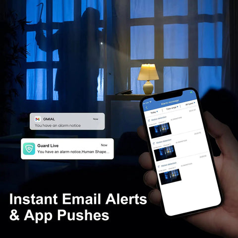 Smartphone displaying alerts beside window, 16 Channel Hybrid 5MP Security DVR for Home and Business with Human Detection.