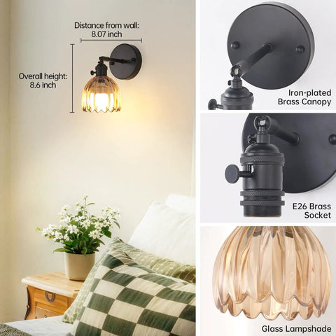 Vintage Battery Operated Wall Sconce With Amber Tulip Glass Lampshade showing mounting details and glass lamp features.