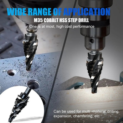Cobalt Step Drill Bit Set 1/4 To 3/4 Inch With 1/4 Inch Hex Shank, 9 Sizes, Unibit, drilling metal surface, spiral flute design