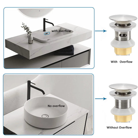 Side-by-side comparison of sink drains; stainless steel brushed nickel pop up sink drain with detachable strainer basket without overflow