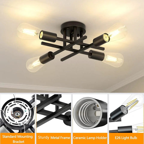 Industrial Dope 4 Light Flush Mount Ceiling Fixture In Black with E26 base, modern farmhouse design, close-to-ceiling style, 2 pack