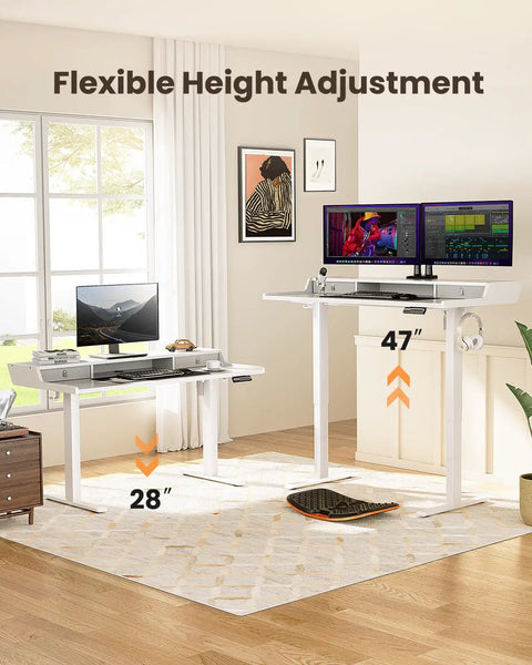 Two Electric Standing Desks With Drawers, 48 By 24 Inch Gaming Desk With Monitor Stand, adjustable height from 28 to 47 inches, white