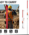 Heavy Duty Aluminum Laser Grade Rod Built To Snap Onto Rotary Laser Levels Quick Featuring A Smooth Twist Lock Grip in use with a worker.