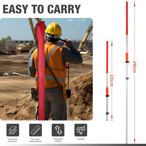 Heavy Duty Aluminum Laser Grade Rod Built To Snap Onto Rotary Laser Levels Quick Featuring A Smooth Twist Lock Grip in use with a worker.