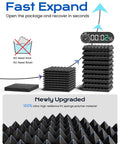 Pro Level Sound Proof Acoustic Panels 64 Pack 2X12X12 Peel And Stick showing fast expansion process and pyramid shapes.