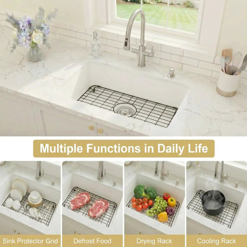 Black Stainless Steel Sink Grid For Kitchen Sinks 24 15/16 By 13 1/8 Inch Pro Grade Bottom Protector And Grate in use