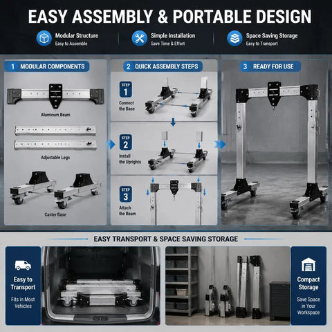 Heavy Duty Portable Aluminum Gantry Crane Rock Solid 2 Ton Lifting Rig assembly steps and storage options displayed.