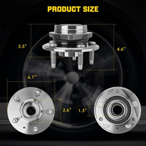 Drop In Replacement Wheel Bearing And Hub Assembly Set For GM Vehicles With 5 Lug Hubs And ABS Front Or Rear Fits Malibu Impala Equinox Terrain Lacrosse Regal Cadillac XTS CTS 2 Pack, product size dimensions displayed