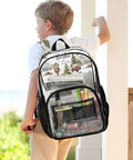 Boy wearing Clear PVC Camping Backpack For Kids See Through Daypack With Adjustable Padded Straps Waterproof Tear Resistant