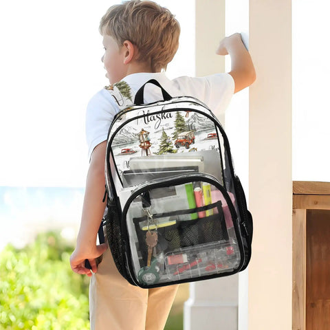 Boy wearing Clear PVC Camping Backpack For Kids See Through Daypack With Adjustable Padded Straps Waterproof Tear Resistant