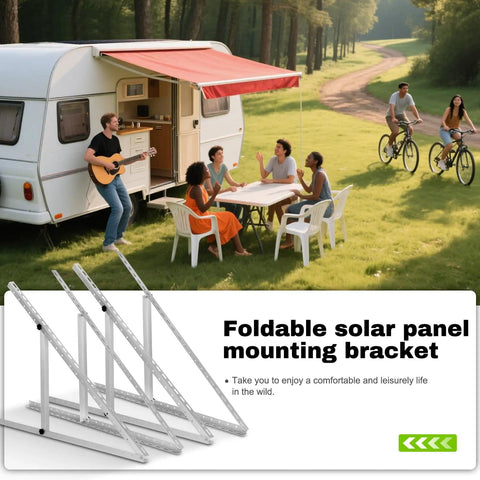 4 Pack 45 Inch Adjustable Solar Panel Tilt Mount Brackets with Foldable Legs for RV Roof or Ground shown beside RV