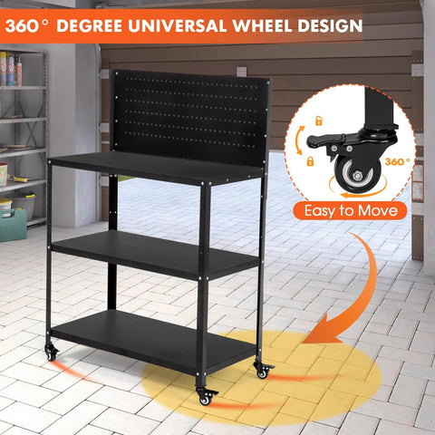 Beefy Heavy Duty Fifty Point Four Inch Steel Workbench With Pegboard and Lockable Rolling Wheels in garage setting