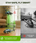 Rugged Army Style RC Helicopter with LED lights indicating low battery alert on living room floor, avoiding crash.