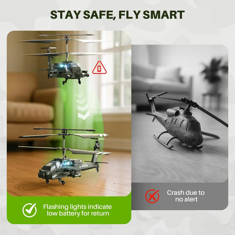 Rugged Army Style RC Helicopter with LED lights indicating low battery alert on living room floor, avoiding crash.