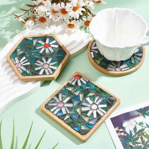 Three Styles DIY Mosaic Coaster Kit No Glue Needed for Adults and Beginners With Bamboo Round Square Hex Bases, displayed coasters